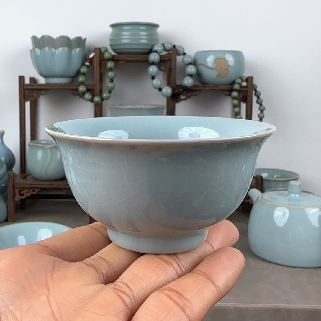 瓷片汝窑压手杯支钉烧天青釉