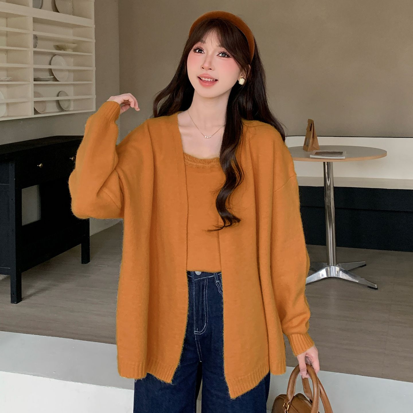 法式洋气宽松百搭针织开衫搭配打底吊带两件套女2025秋季新款