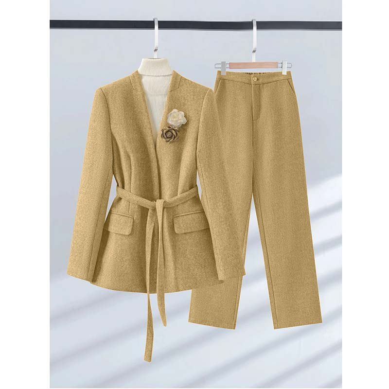 【两件套】【有里布】【送腰带】【送胸花】新款外套+裤子春秋套装QJ0109