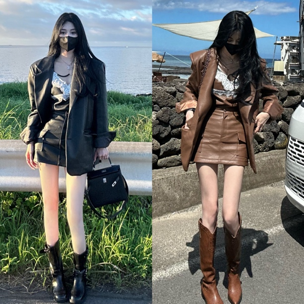 【XU•JING】韩版皮衣外套/蕾丝拼皮吊带/前口袋皮半裙