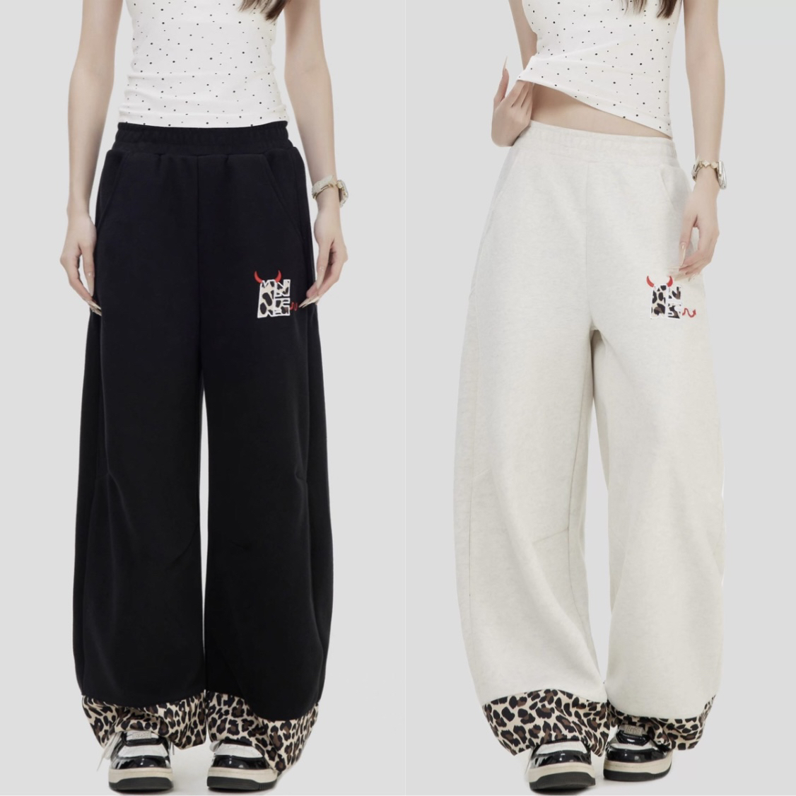 国潮美式复古小恶魔豹纹贴布运动裤宽松阔腿休闲卫裤男女