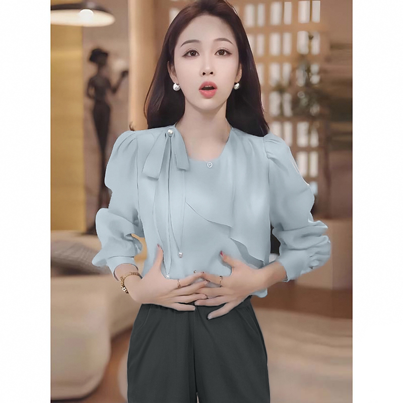 【两件套】小众飘带长袖衬衫女春秋季显瘦气质上衣+裤子套装D3553