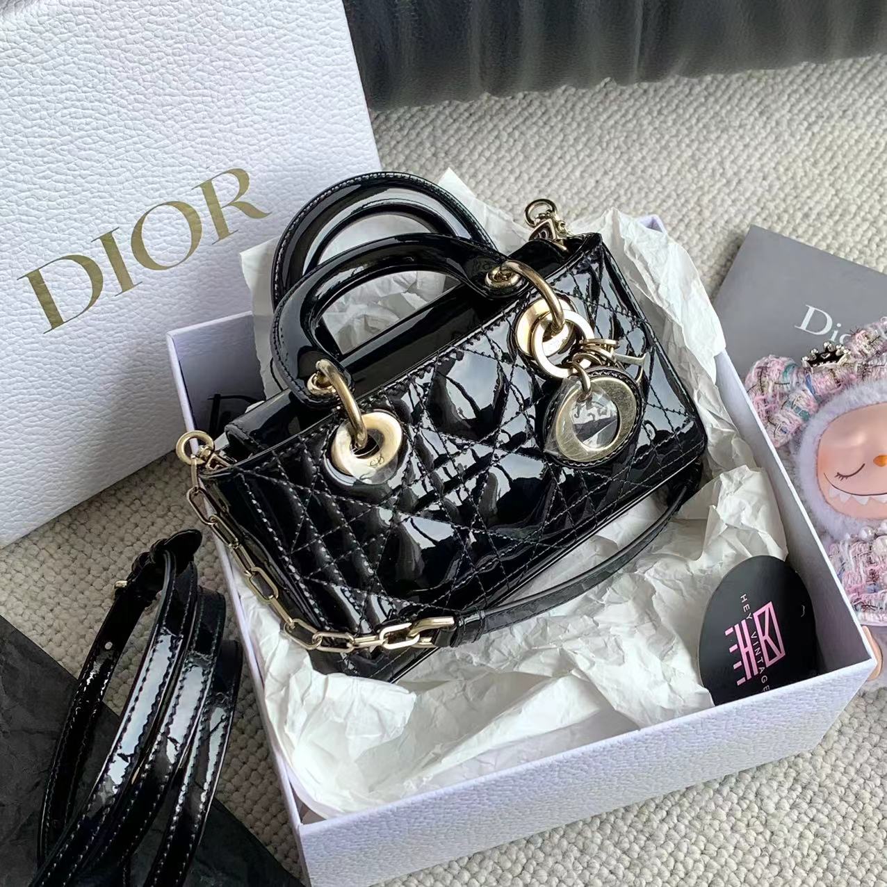 95新 DIOR/迪奥 黑金漆皮mini D-joy戴妃包 16cm 13954059
