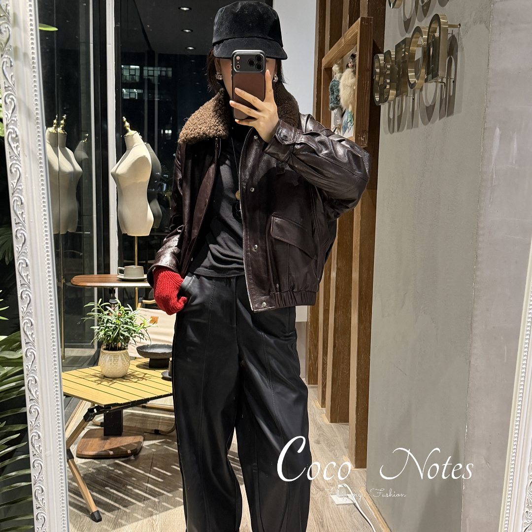 COCO NOTES GZ26051绵羊皮复古宽松飞行夹克羊毛领鹅绒服外套
