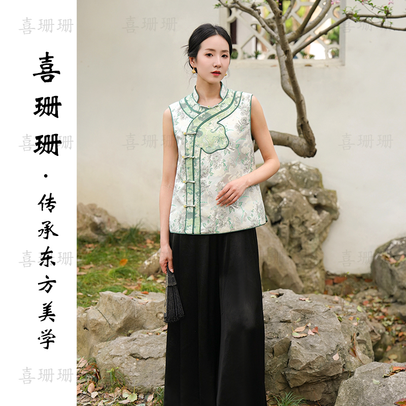 喜珊珊-2024冬季新品新中式绿色麒麟牡丹纹宽松款上衣马甲