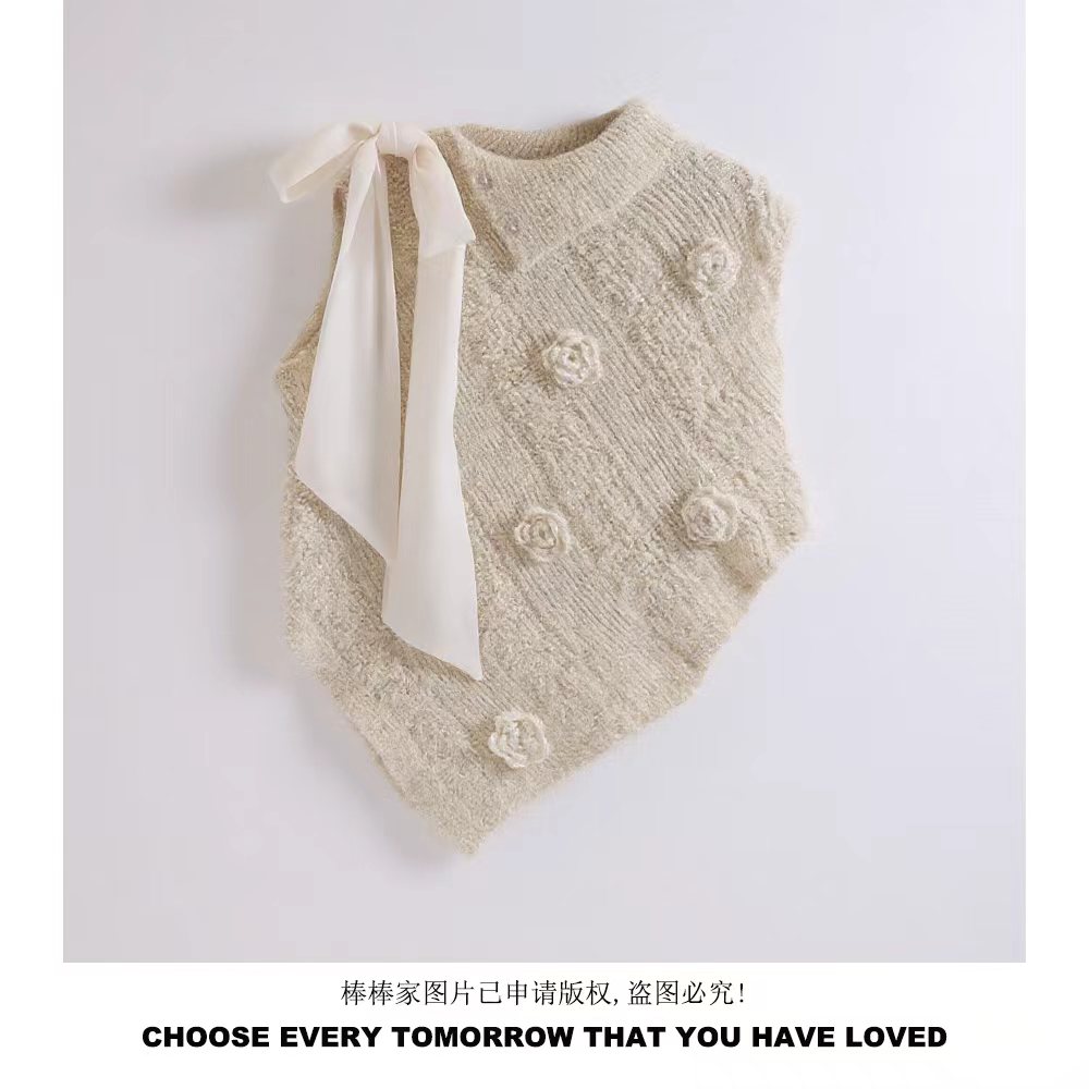 蝴蝶结慵懒风少女风针织毛针织衫马甲套头无袖女装洋气秋冬