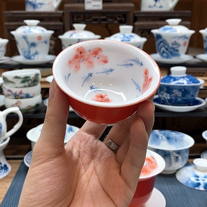 手绘龙船花压手杯85cc釉下彩微瑕福利款