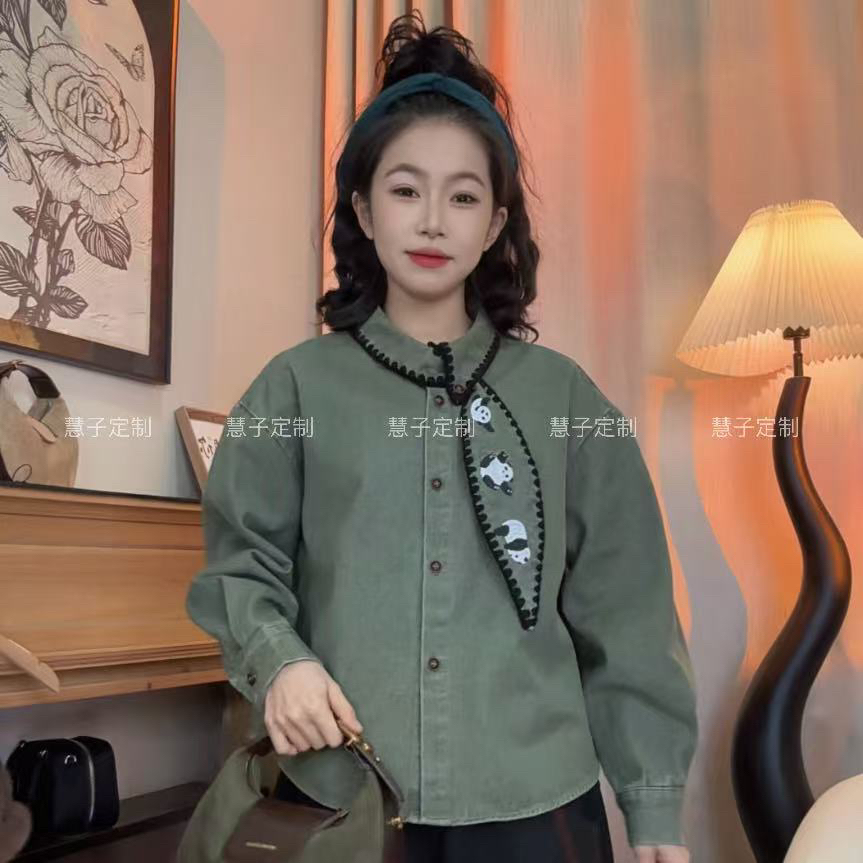 慧子“绿猫”原创秋冬牛仔磨毛翻领飘带刺绣设计感长袖衬衫女百搭