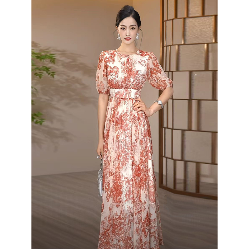 橘红色图案碎花收腰气质大摆长裙2025夏季新款撞色优雅显瘦连衣裙