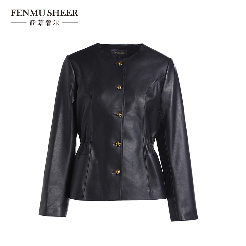 【苏西专属】粉慕奢尔『渡风悦客』羊皮圆领收腰抽褶皮衣外套P2651