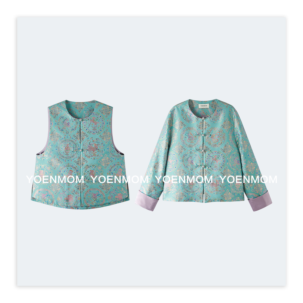 YOENMOM·全家福·钱小萍100桑蚕丝三重纬宋锦足银扣对襟款圆领马甲