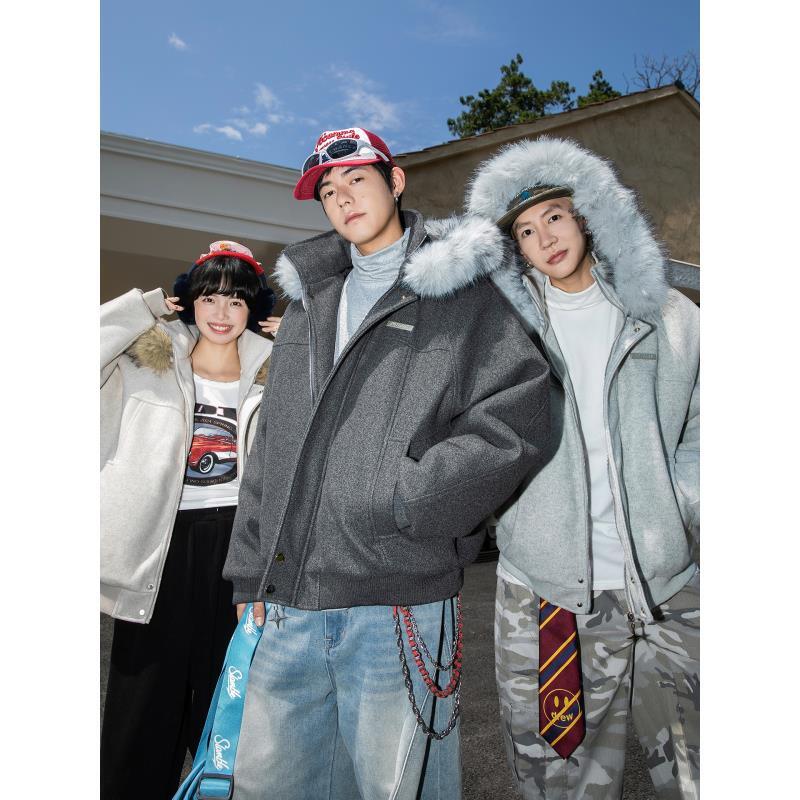 2259 美式复古座山雕毛领冬季加厚保暖呢子棉衣服外套男女同款