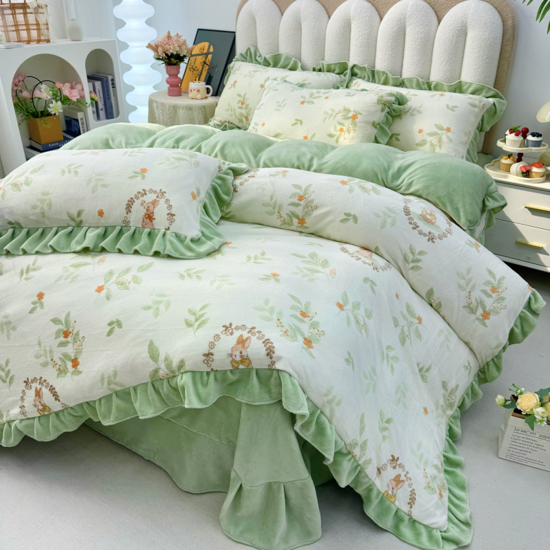 冬季加厚牛奶绒花边四件套双面珊瑚绒床单被套床笠床上用品三件套