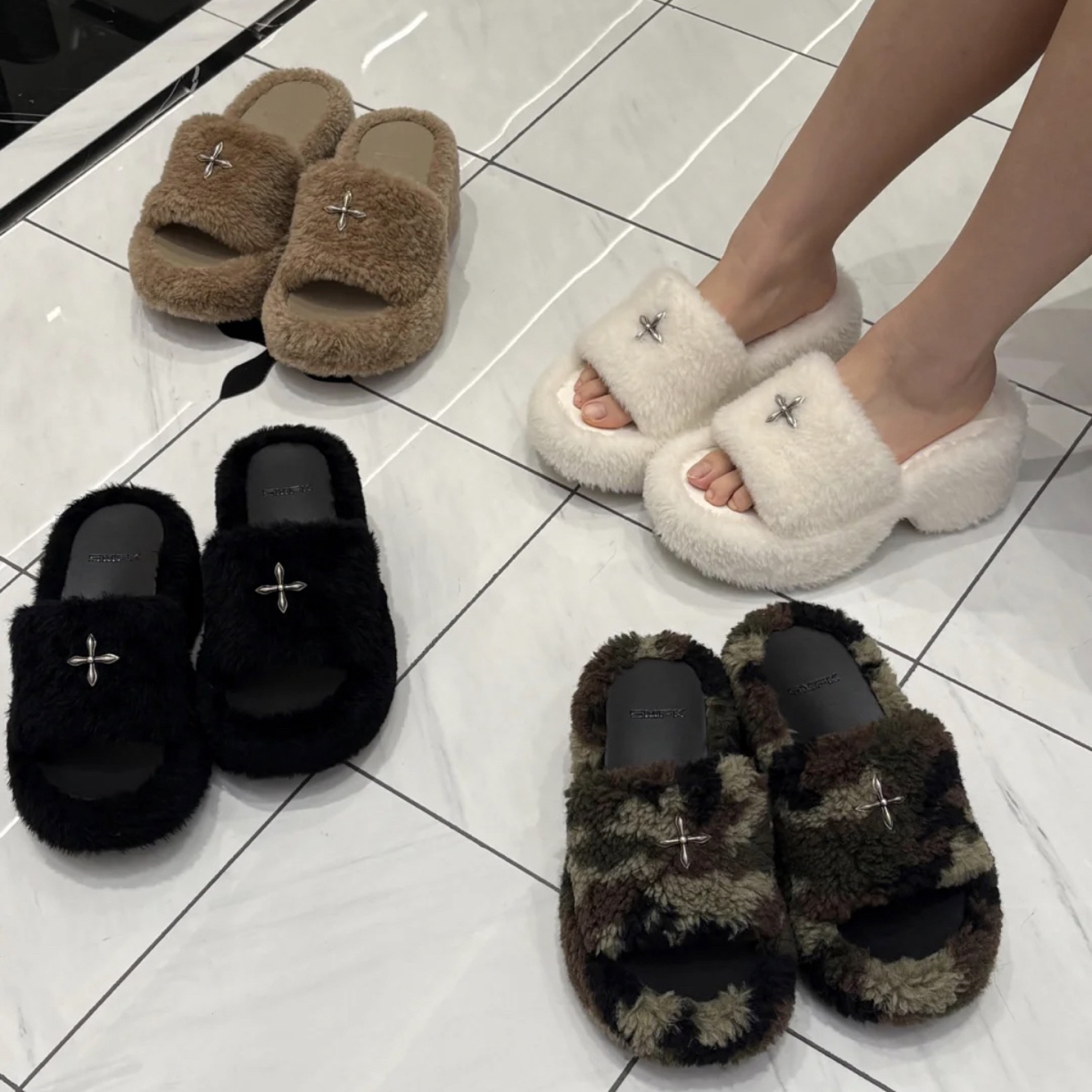 十字花秋冬雕像高跟时尚潮流增高橡胶 一字拖鞋 