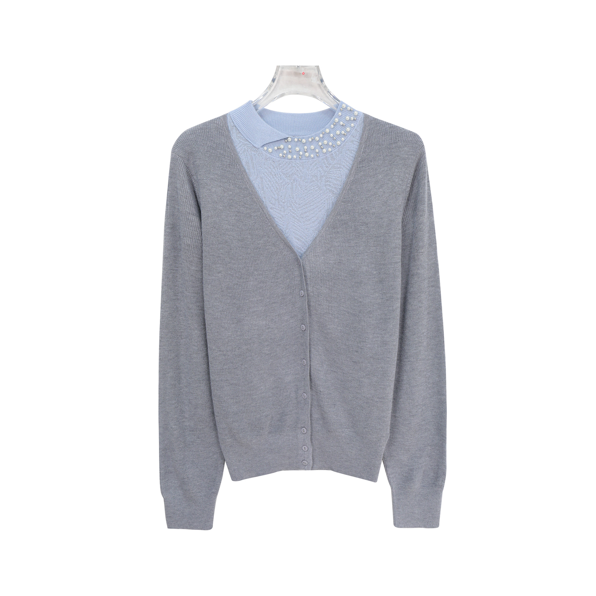 温柔甜美风钉珠假两件拼接拼色针织衫S5532