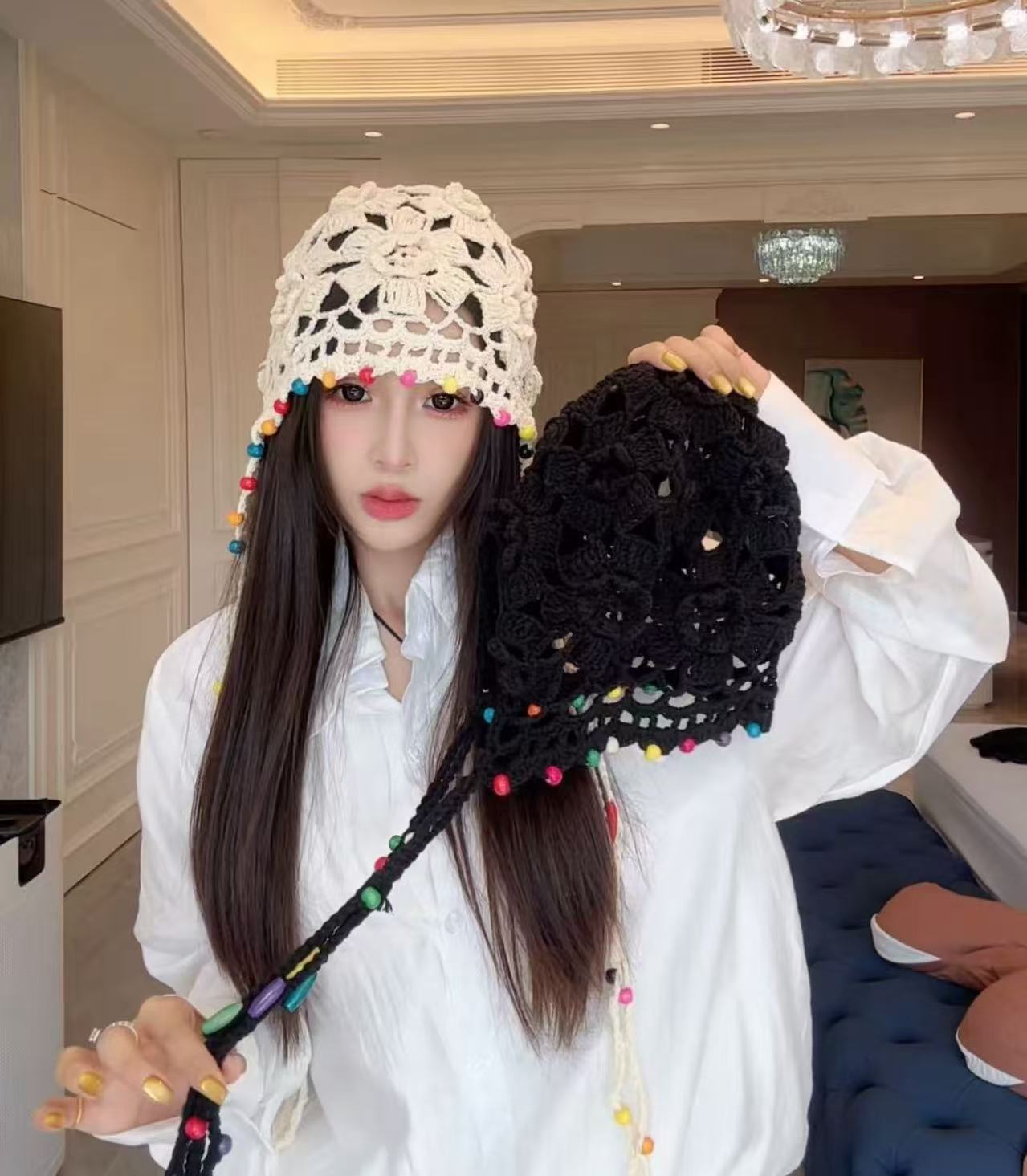 花朵流苏手工编织包头帽女春秋季旅游波西米亚镂空套头帽