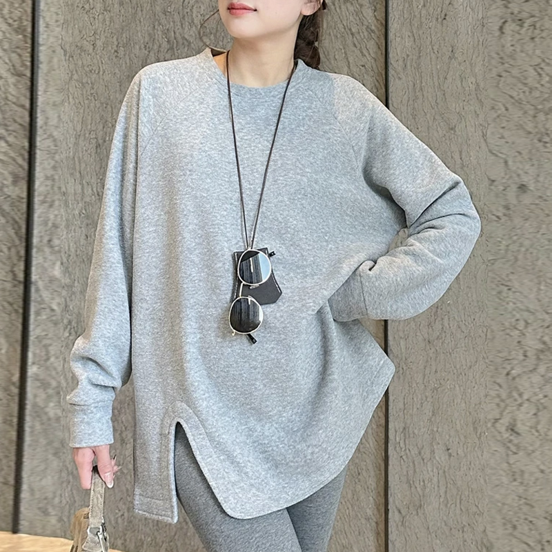 2024秋冬新款开叉圆领百搭韩版秋装时尚T恤女灰色修身显瘦外穿潮