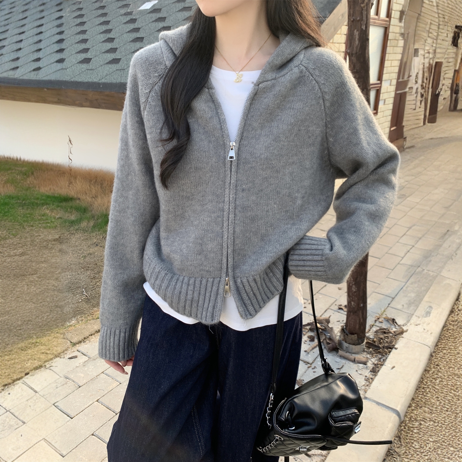 2025秋冬季新款宽松毛衣开衫高级感双拉链连帽针织衫上衣外套女