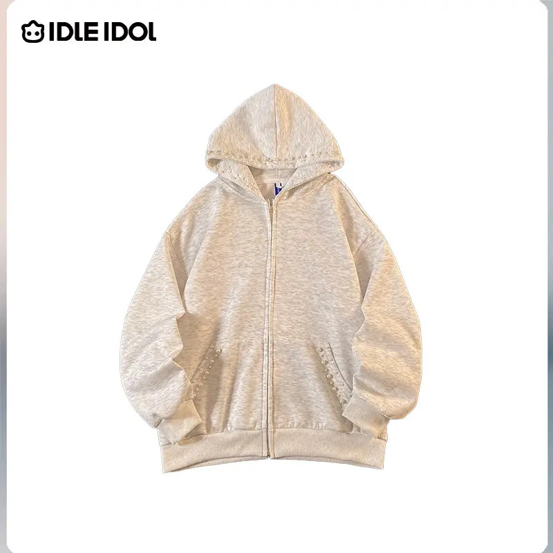 IDLE IDOL开衫珍珠连帽宽松纯色卫衣情侣款百搭时尚潮流开衫外套