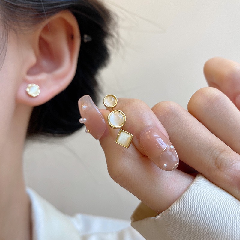 合金琉璃耳饰 韩系简约几何形猫眼石耳钉女轻奢小众学生养耳洞