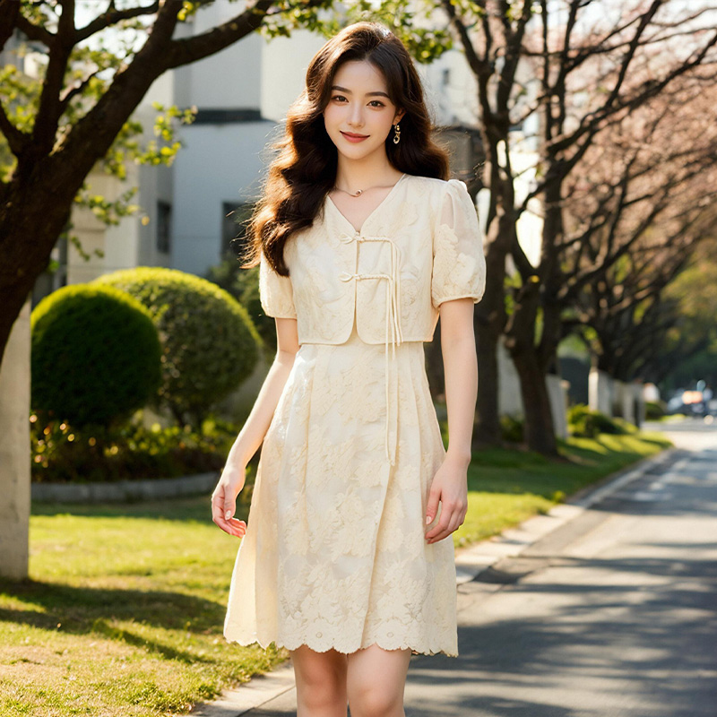 2025年夏季新款大码女装新中式蕾丝裙子胖妹妹名媛V领连衣裙