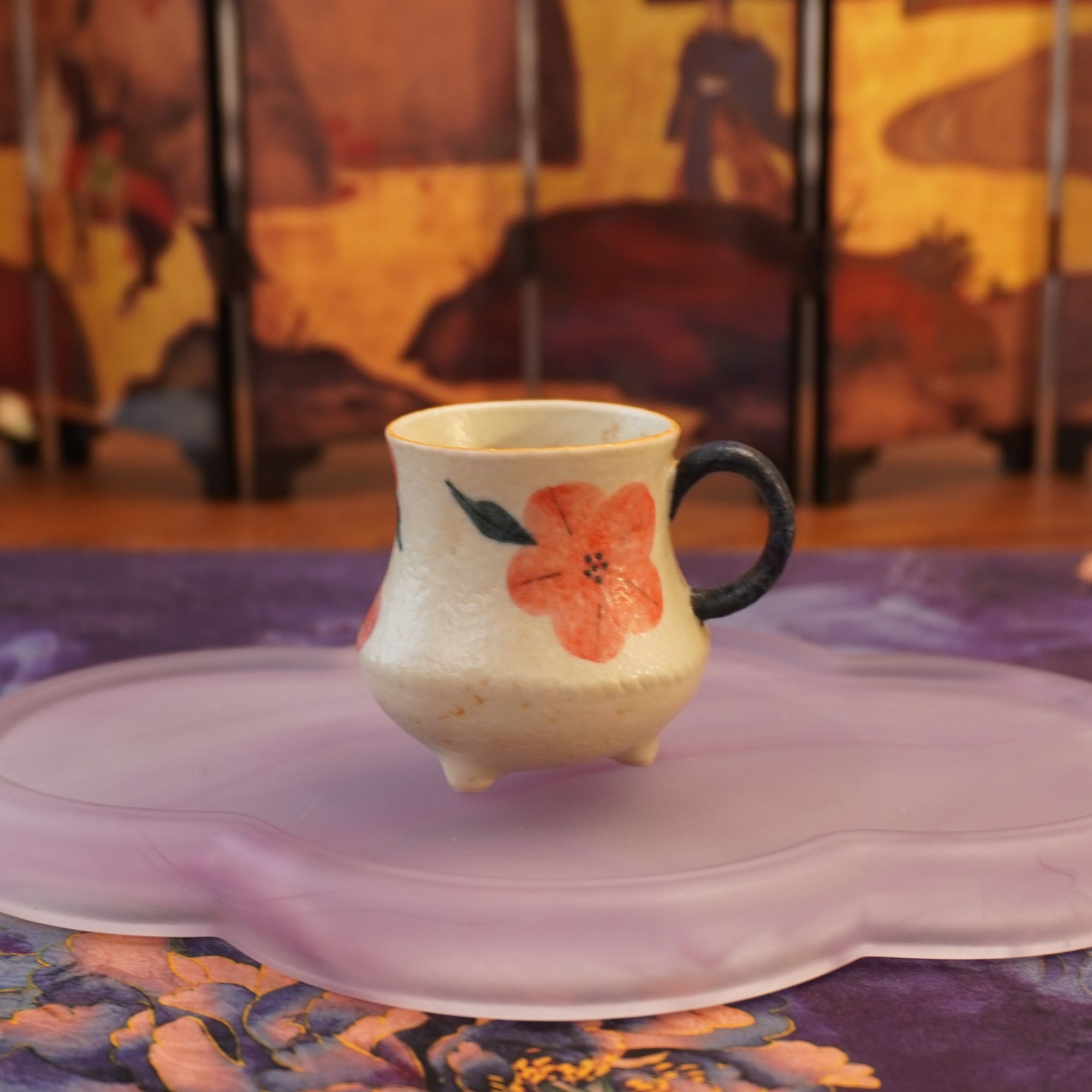 【焦糖釉手绘小红花·三足杯】复古创意纯手工主人杯60ml