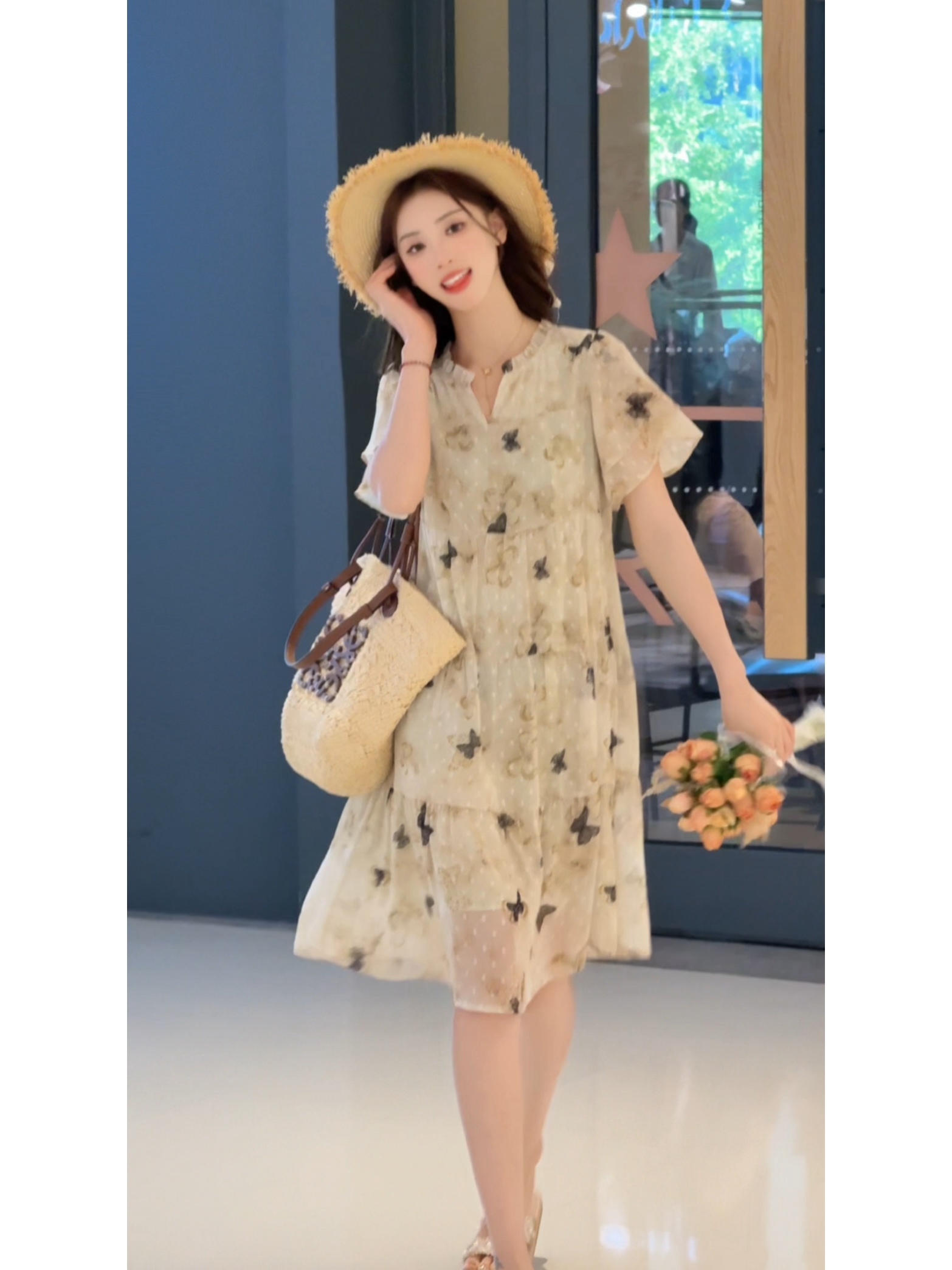 【2025X331Z】中长款蛋糕短袖连衣裙夏季时尚气质蝴蝶印花裙