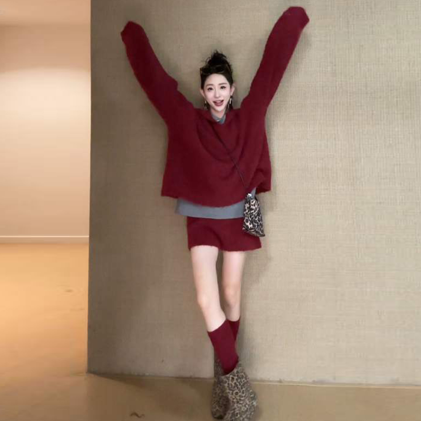 巨好看红色针织毛衣套装女2025超火新款秋冬季韩系一整套圣诞穿搭