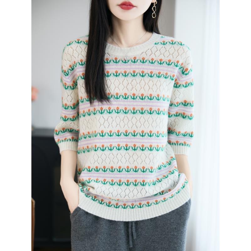 韩系氛围感100%羊毛小花彩条五分袖D2503