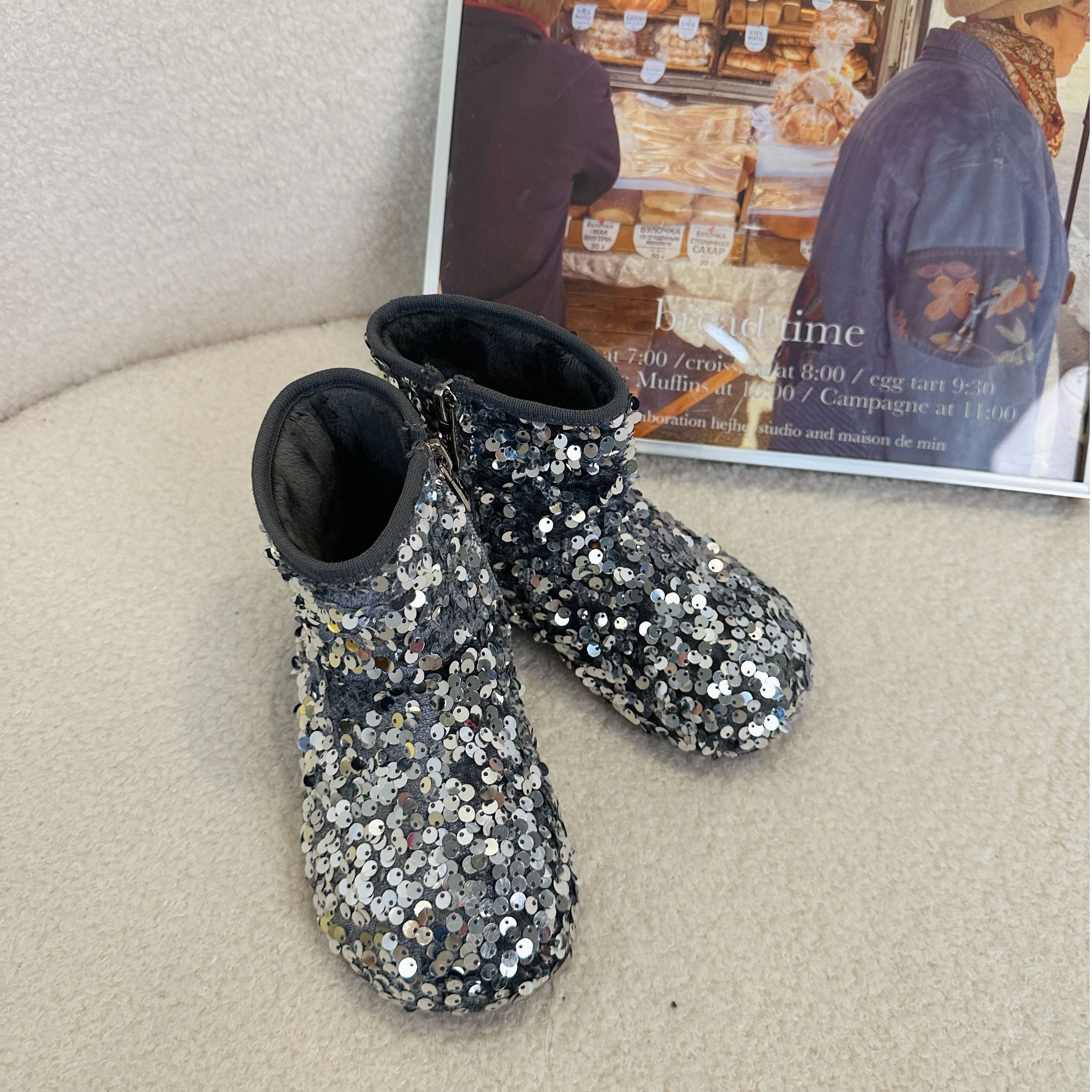 【Mt studio】K【新款】爆闪亮片短筒靴秋冬季女童加绒保暖时尚百搭