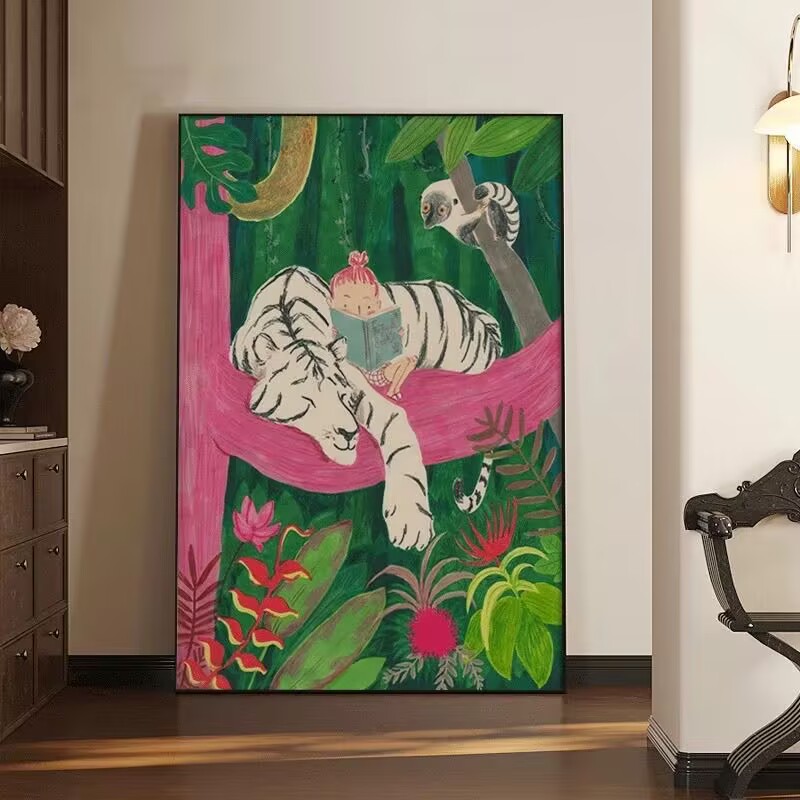 现代植物动物可爱白虎少女装饰画治愈系落地画玄关客厅装饰画S15