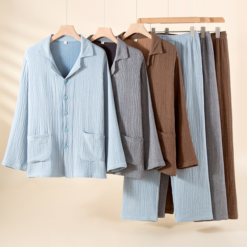 【纯棉四层纱】男士加厚保暖睡衣男秋冬款棉纱冬季全棉家居服套装