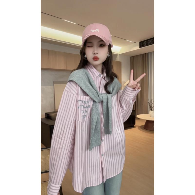 2025夏季新款小香风假两件披肩条纹衬衫女防晒百搭高级感小众上衣