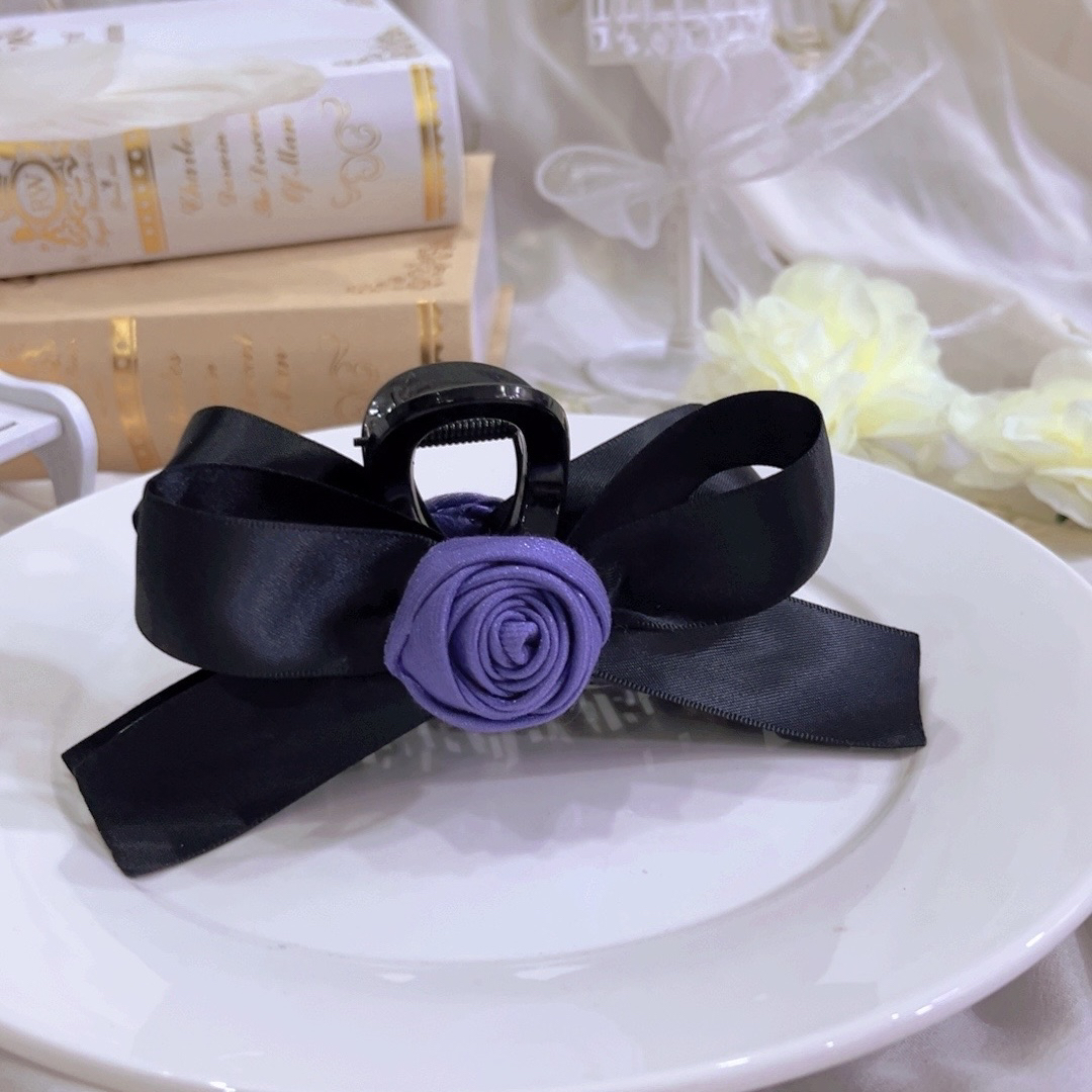 新款纯欲紫色玫瑰发夹法式蝴蝶结头饰鲨鱼夹发饰鲨鱼夹大号抓夹女