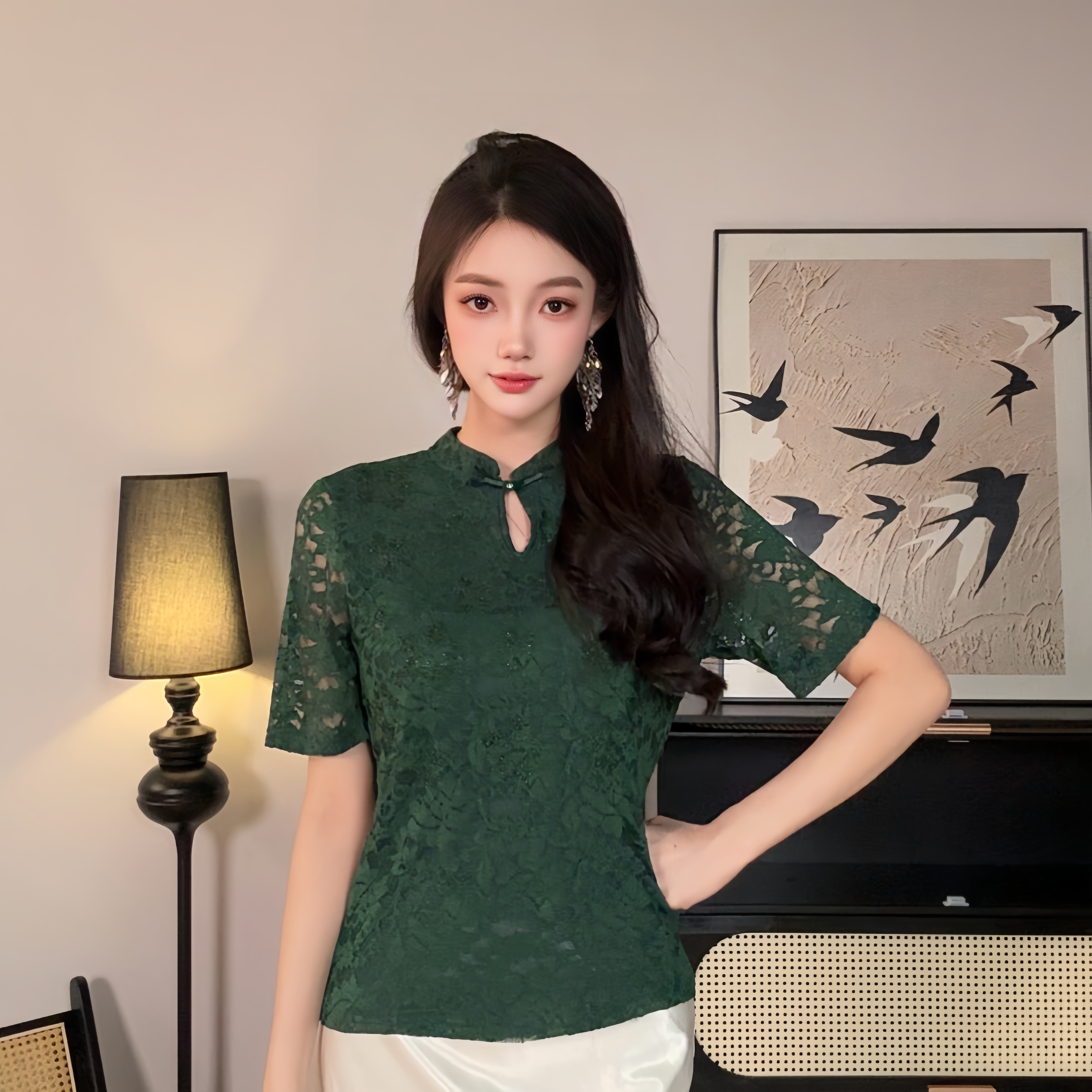 【开春新款】新中式烫钻国风爆款洋气蕾丝镂空短袖打底女3049