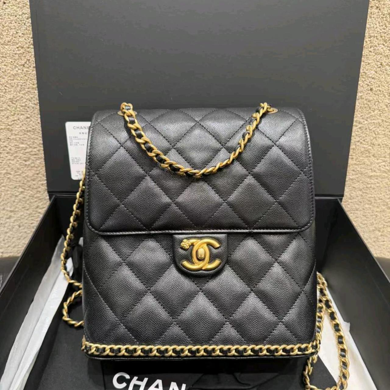 99新 Chanel/香奈儿 ado黑金荔枝皮双肩包 芯片款/