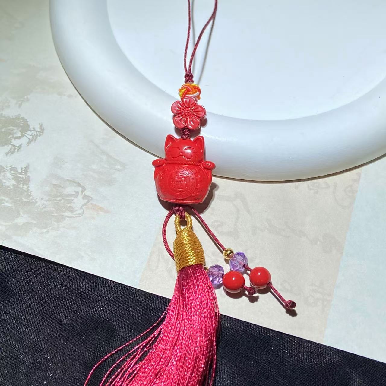 天然辰砂ZS12173 天然辰砂红砂招财猫手机挂