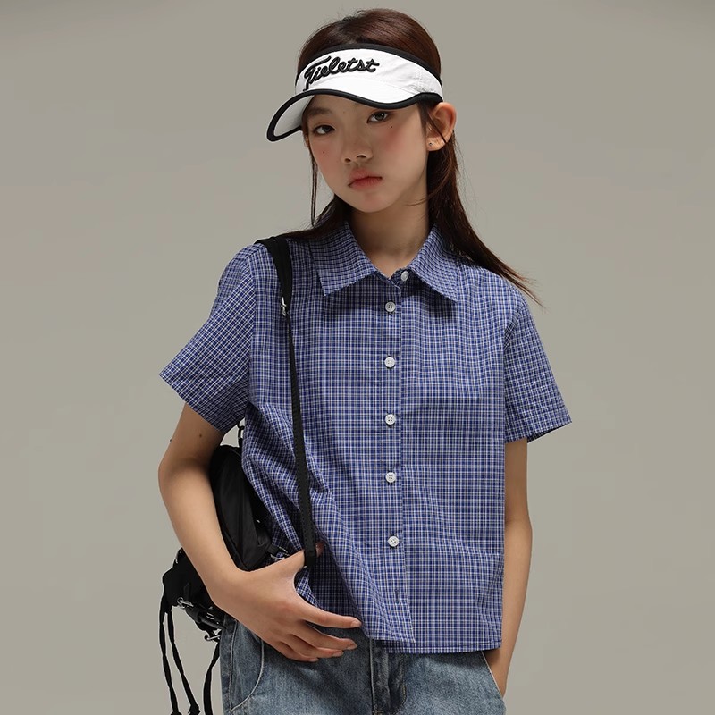 小女森女童夏季蓝色格纹衬衫中大童复古风翻领宽松衬衣气质上衣女