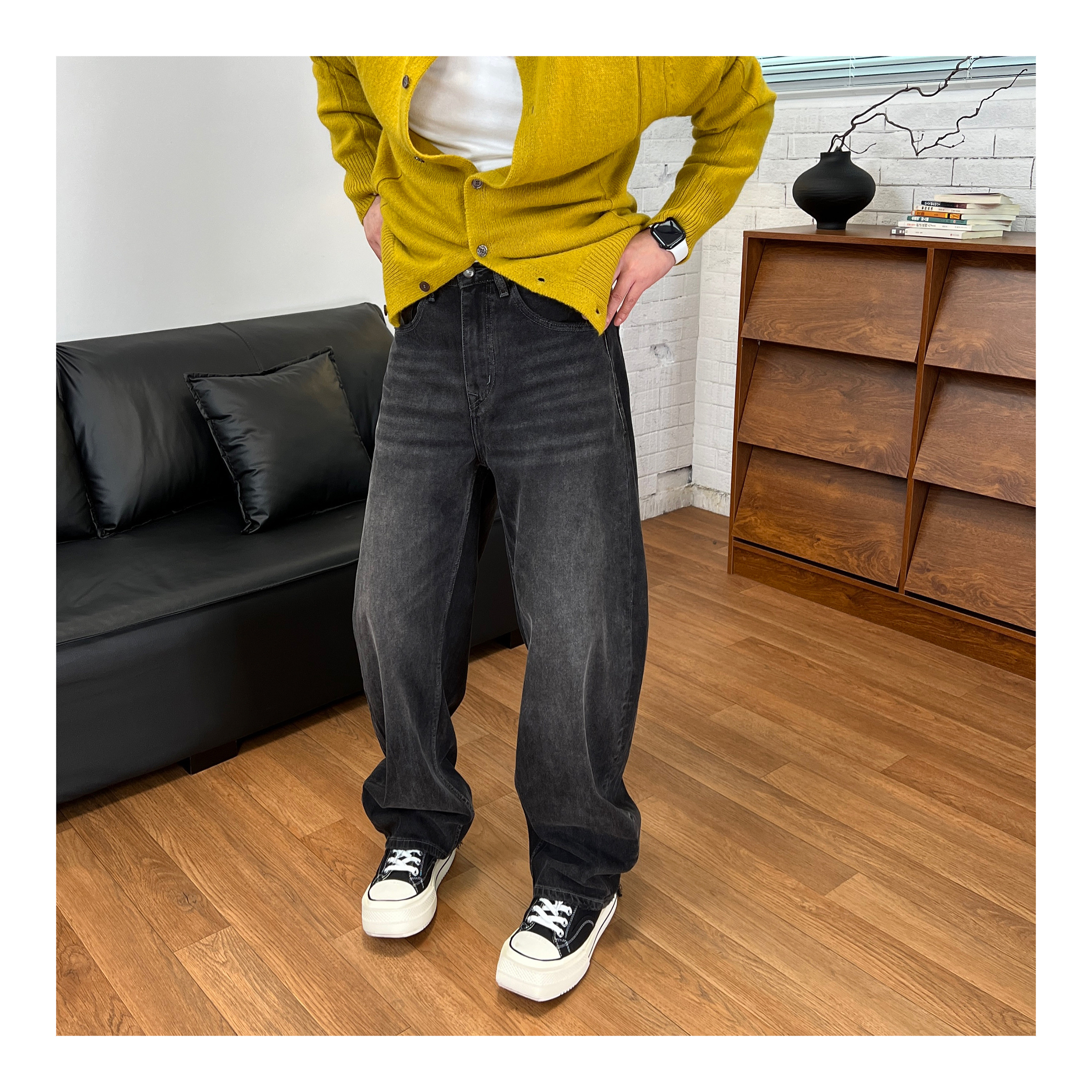 【张茂studio】早秋新款水洗做旧黑灰色宽松小弯刀男士休闲牛仔裤子