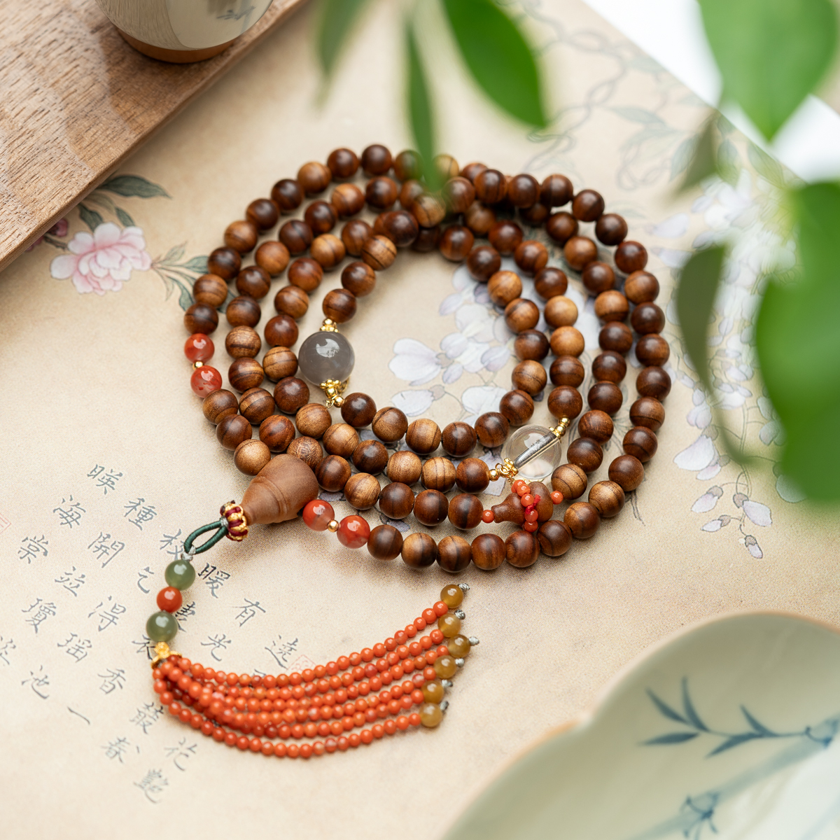 XIANYUAN/仙源老山檀香水波纹沉水6mm*108颗和田玉烟紫多圈手串