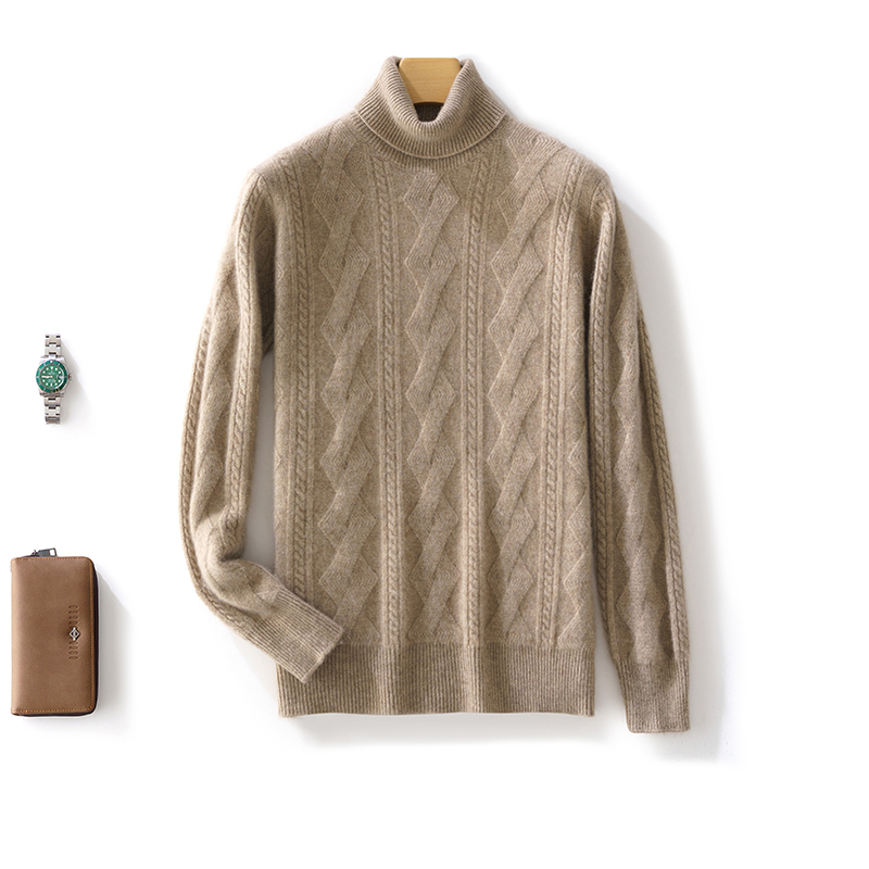 高翻领保暖男士100羊毛衫新款宽松复古风扭花加厚针织羊毛衫毛衣