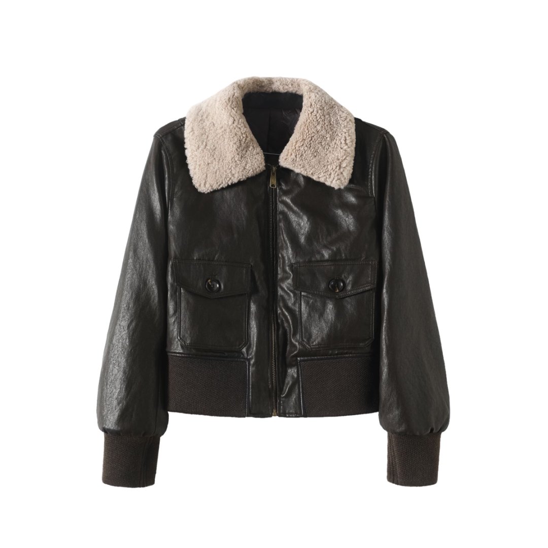 2025冬明星同款复古美式绵羊皮短款毛领皮衣外套HQ-MYJ