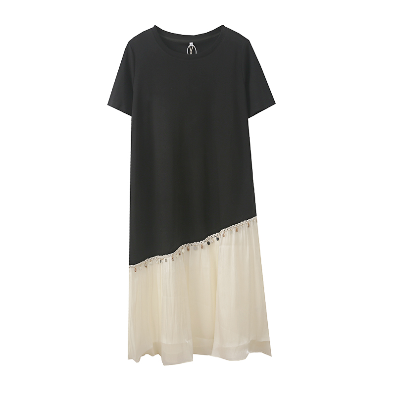 大码女装慵懒风拼接雪纺连衣裙2025夏宽松遮肉T恤长裙262820