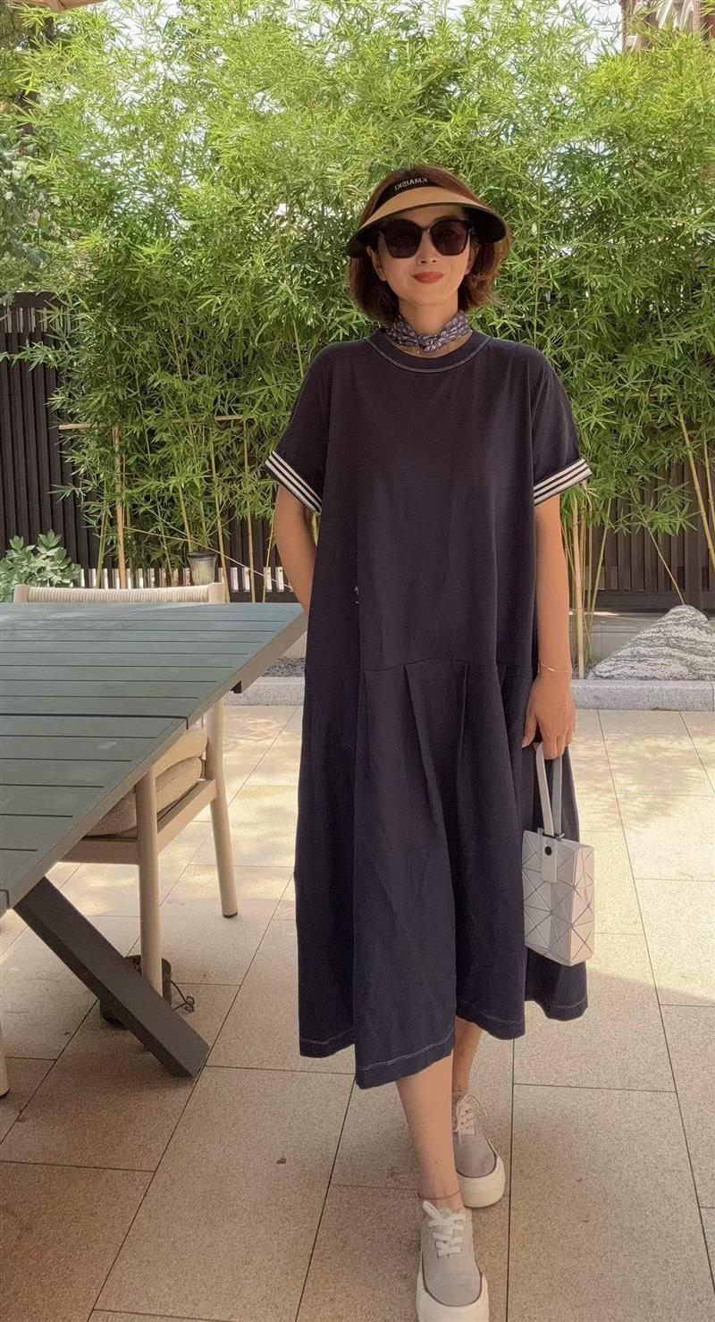纯棉拼接休闲连衣裙
