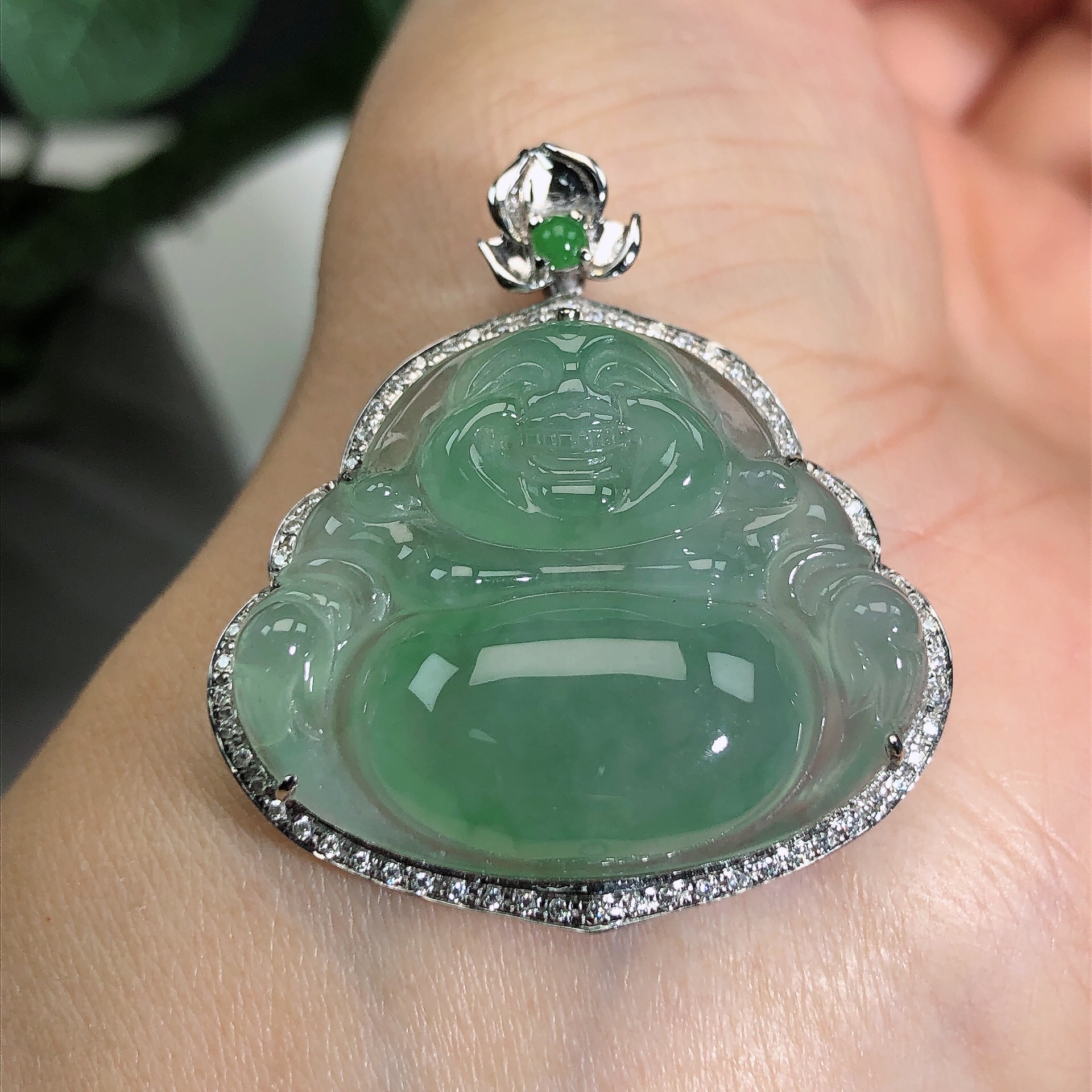 天然缅甸A货翡翠18K金镶老坑冰润满绿大肚笑佛佛公吊坠36*32*8.8