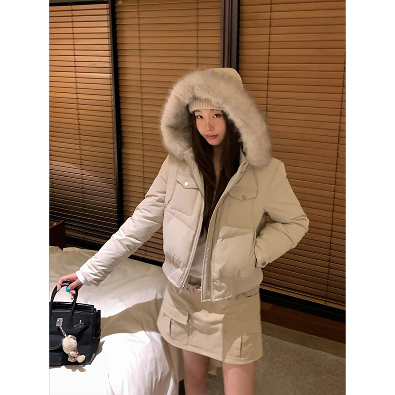 韩系气质纯色大毛领连帽棉服外套女秋冬季新款设计小众保暖棉衣潮