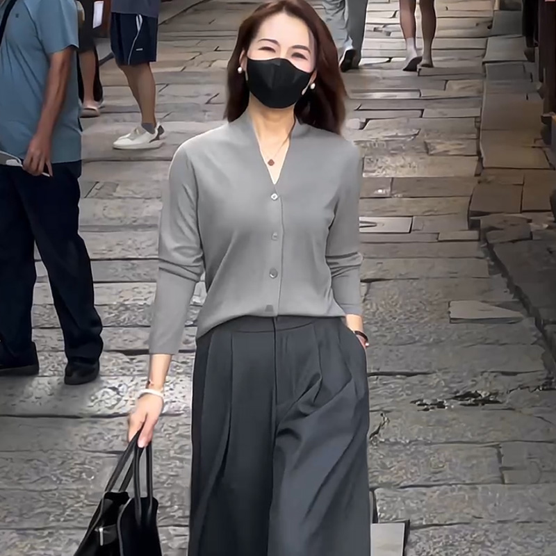 秋冬轻奢48支16针超细含羊毛针织开衫显瘦长袖V领上衣M42-KS107