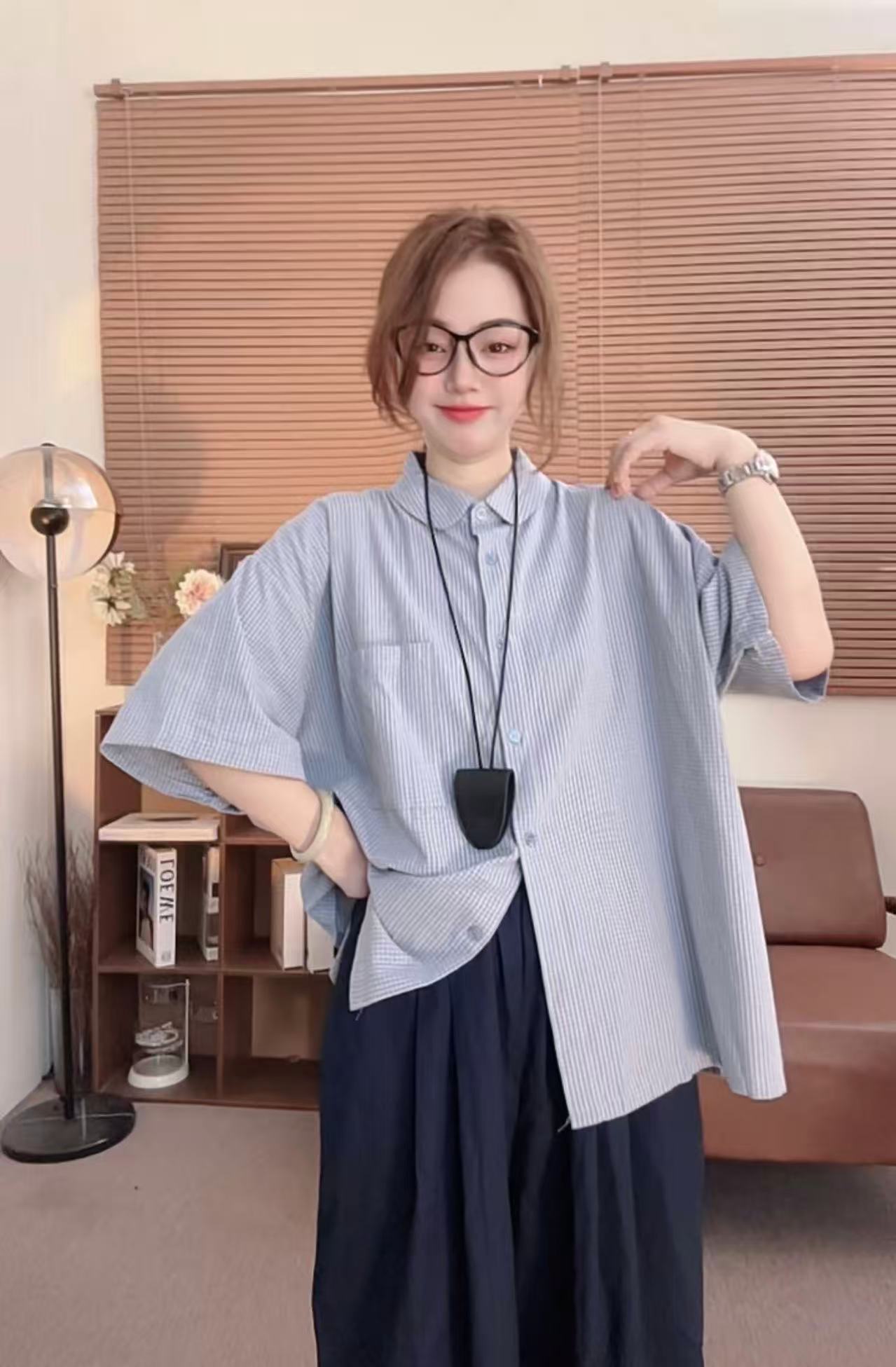 【广岛野子】 夏季polo领小个子宽松百搭日系衬衫