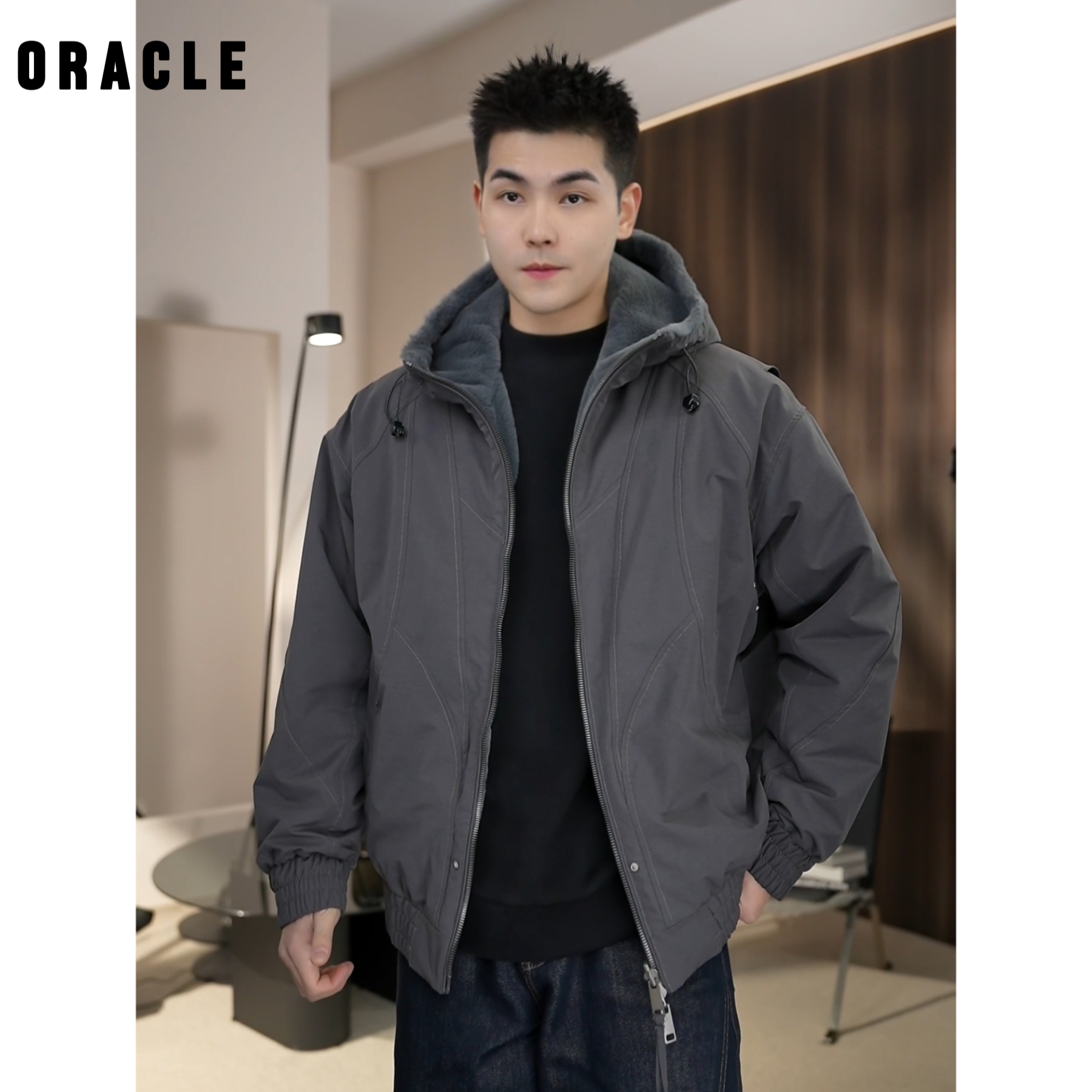 ABPE【双面穿】秋冬连帽座山雕加厚棉服男士时尚保暖防风外套加绒