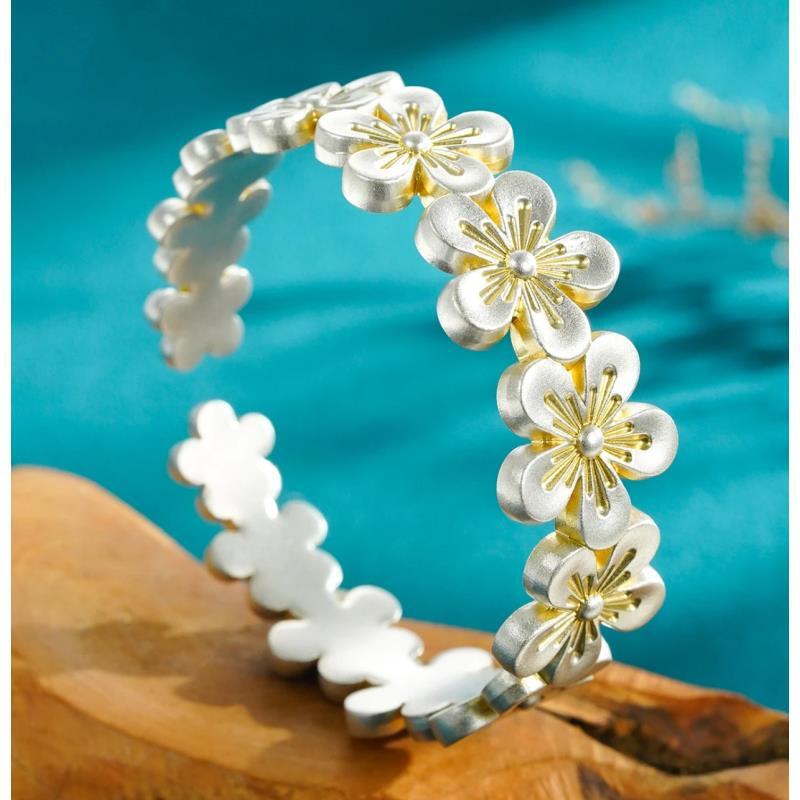 足银手镯 足银999.9描金繁花五福金花异型花朵银手镯送妈妈送长辈